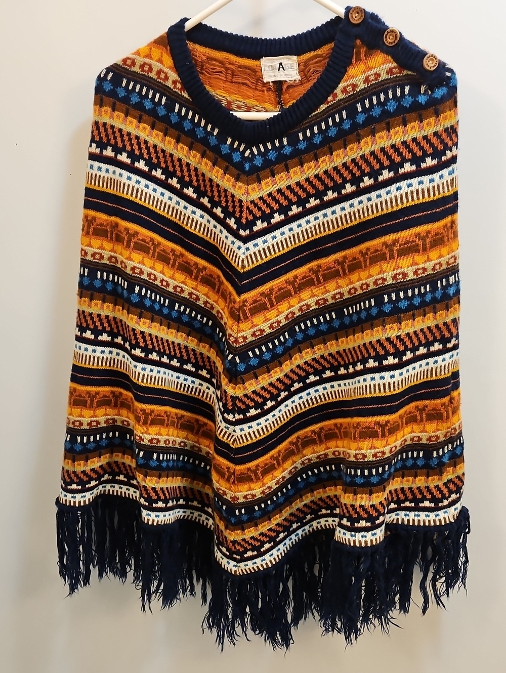 Vintage Collage Knit Poncho — Multicolor (Navy & Mustard)
